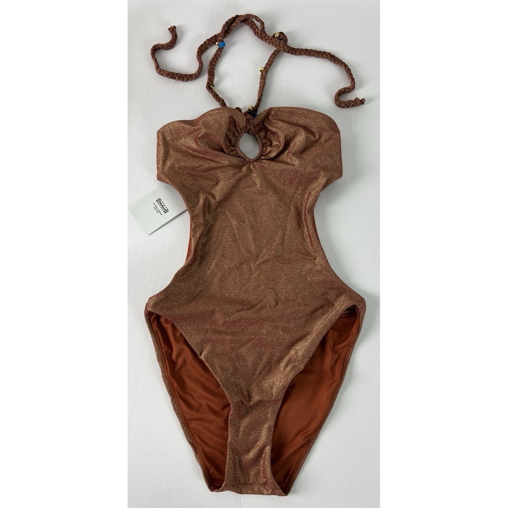 Wolford Swimsuit Small High-Shine Disco Multiway‎ Cut-Outs Metallic Bronze A67
